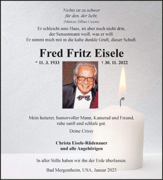 Traueranzeige von Fred Fritz Eisele von Fränkische Nachrichten