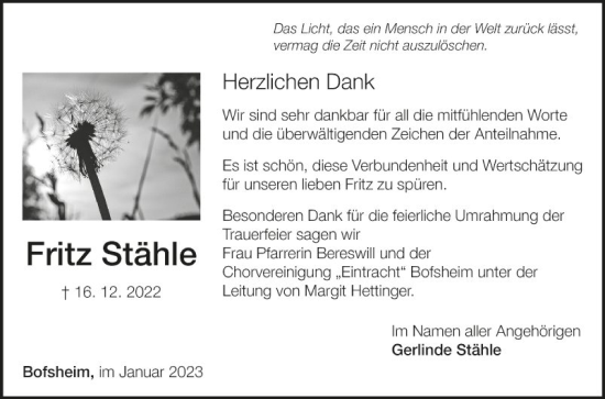 Traueranzeige von Fritz Stähle von Fränkische Nachrichten