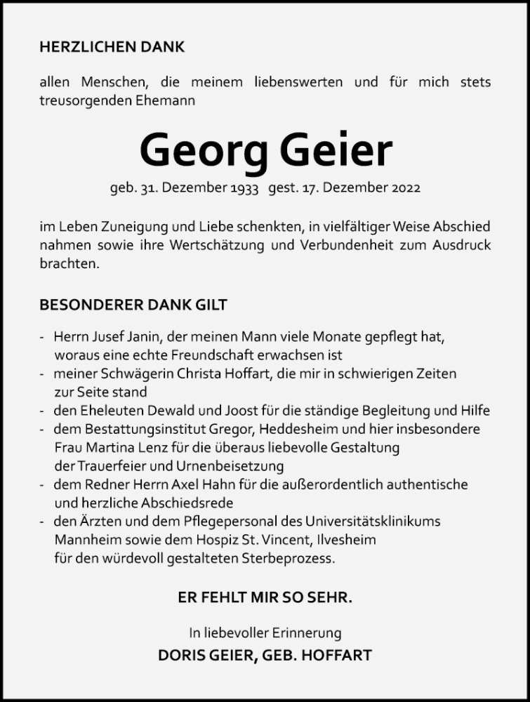  Traueranzeige für Georg Geier vom 21.01.2023 aus Mannheimer Morgen