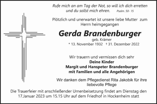 Traueranzeige von Gerda Brandenburger von Schwetzinger Zeitung