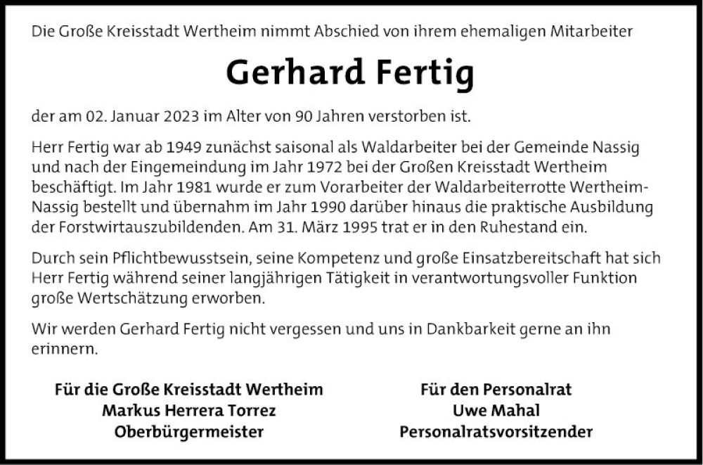  Traueranzeige für Gerhard Fertig vom 07.01.2023 aus Fränkische Nachrichten