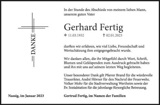 Traueranzeige von Gerhard Fertig von Fränkische Nachrichten