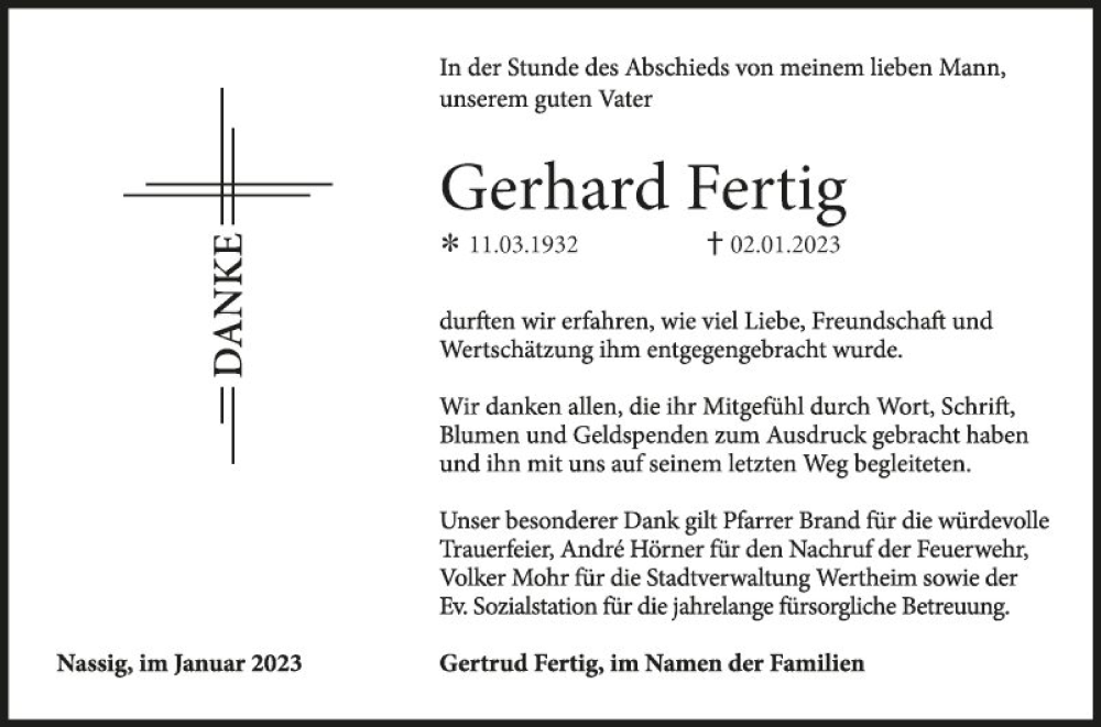  Traueranzeige für Gerhard Fertig vom 28.01.2023 aus Fränkische Nachrichten