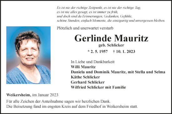 Traueranzeige von Gerlinde Mauritz von Fränkische Nachrichten