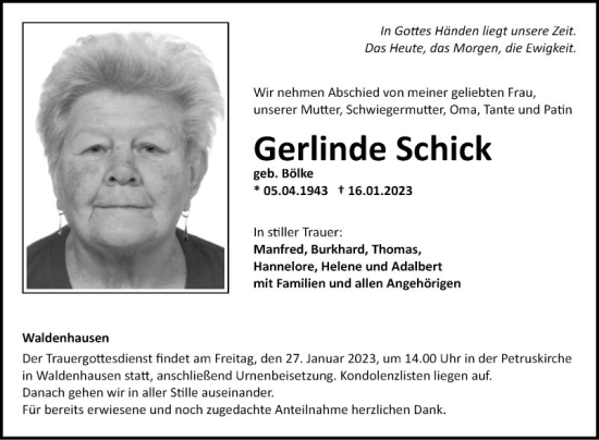 Traueranzeige von Gerlinde Schick von Fränkische Nachrichten