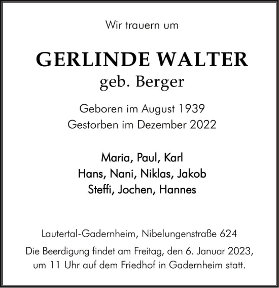 Traueranzeige von Gerlinde Walter von Bergsträßer Anzeiger