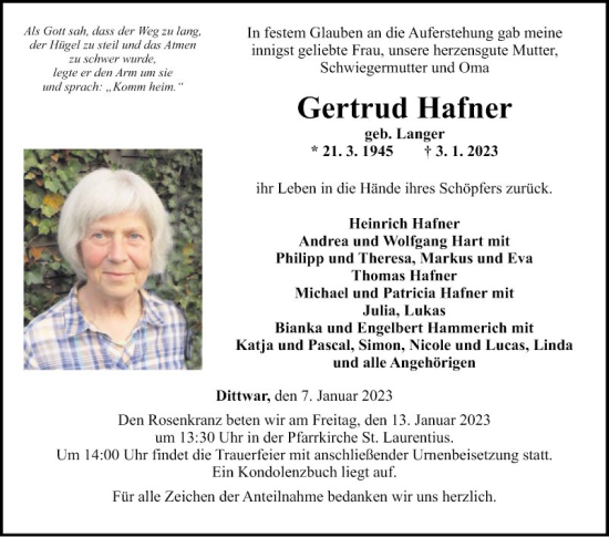 Traueranzeige von Gertrud Hafner von Fränkische Nachrichten