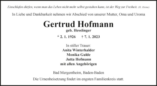 Traueranzeige von Gertrud Hofmann von Fränkische Nachrichten