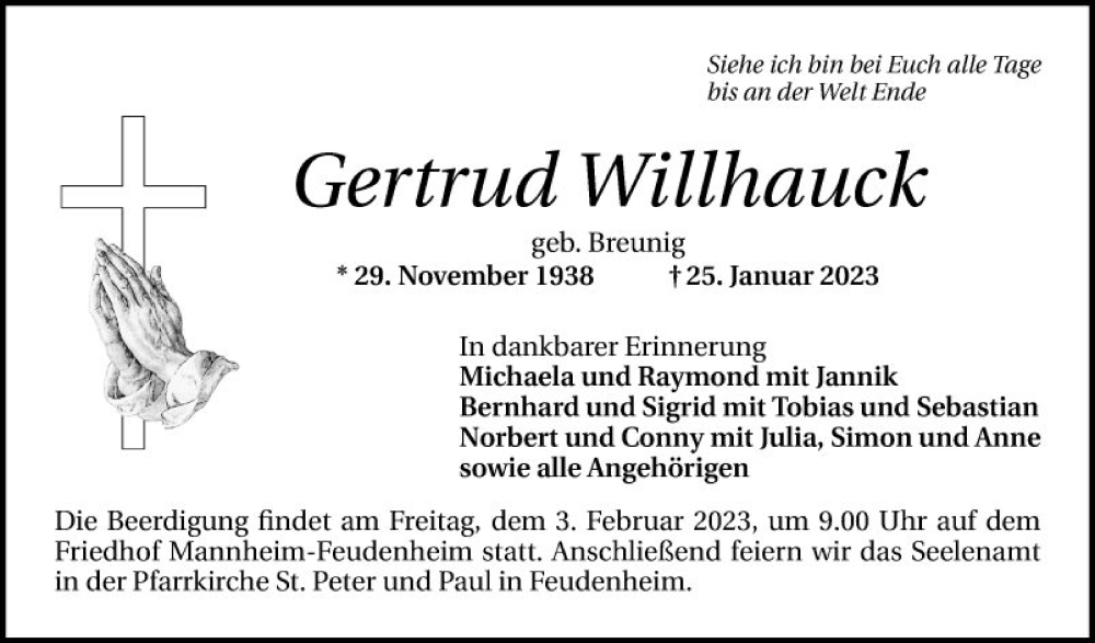  Traueranzeige für Gertrud Willhauck vom 28.01.2023 aus Mannheimer Morgen
