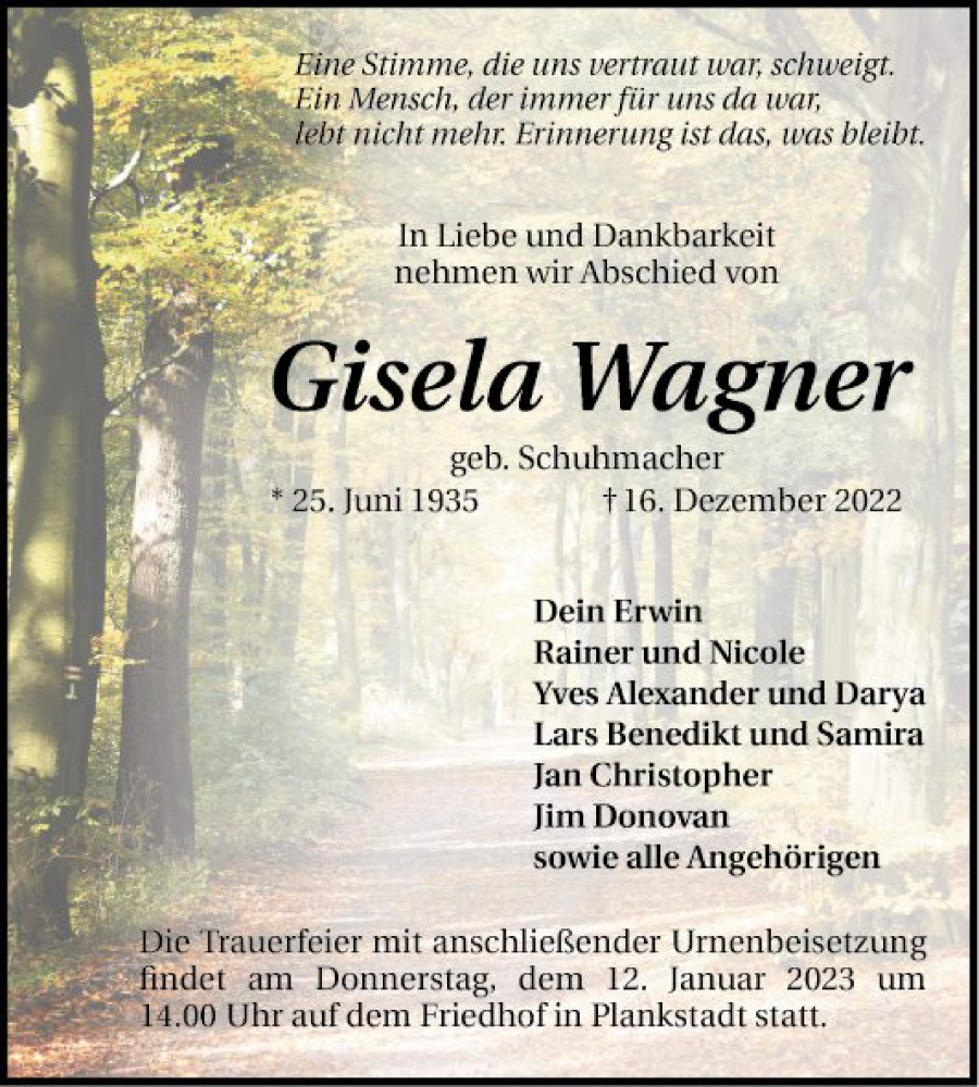 Traueranzeige für Gisela Wagner vom 07.01.2023 aus Schwetzinger Zeitung
