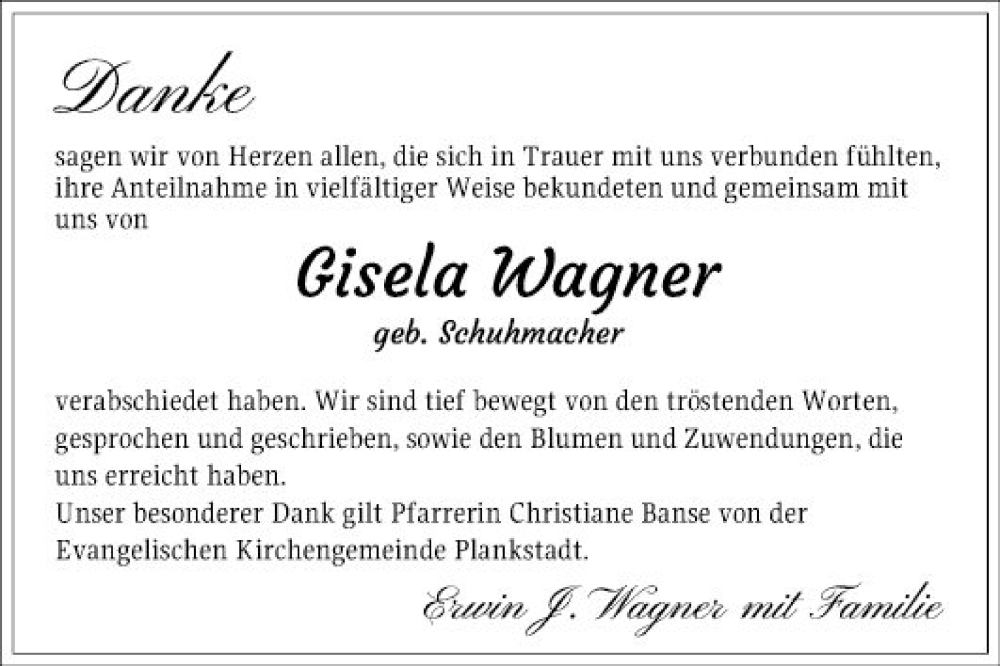  Traueranzeige für Gisela Wagner vom 21.01.2023 aus Schwetzinger Zeitung