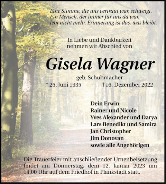 Traueranzeige von Gisela Wagner von Schwetzinger Zeitung