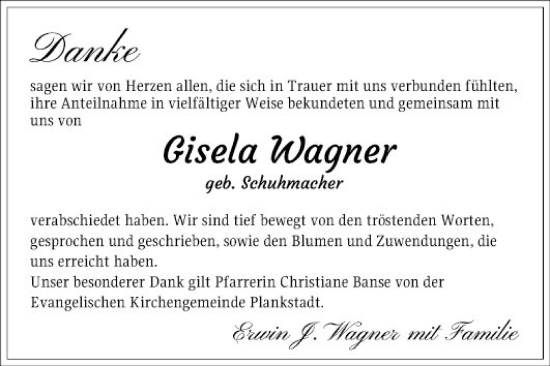 Traueranzeige von Gisela Wagner von Schwetzinger Zeitung