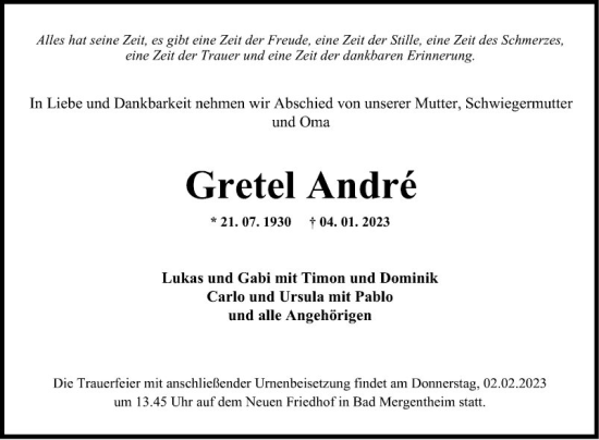 Traueranzeige von Gretel André von Fränkische Nachrichten