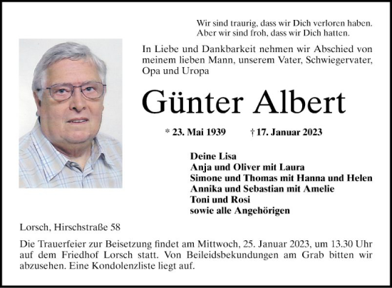 Traueranzeige von Günter Albert von Bergsträßer Anzeiger