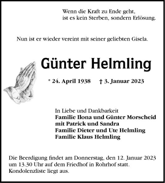 Traueranzeige von Günter Helmling von Mannheimer Morgen