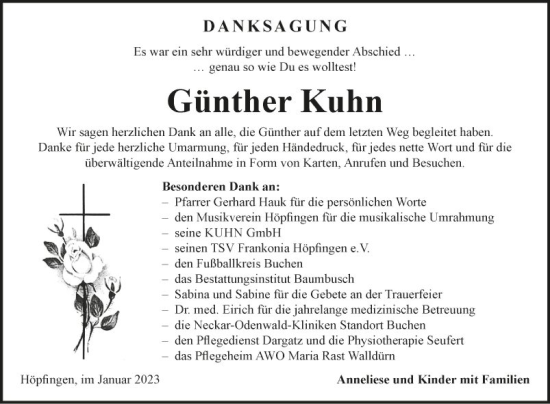 Traueranzeige von Günther Kuhn von Fränkische Nachrichten