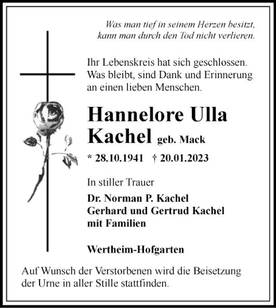  Traueranzeige für Hannelore Ulla Kachel vom 28.01.2023 aus Fränkische Nachrichten