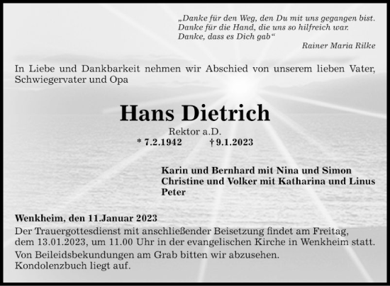 Traueranzeige von Hans Dietrich von Fränkische Nachrichten