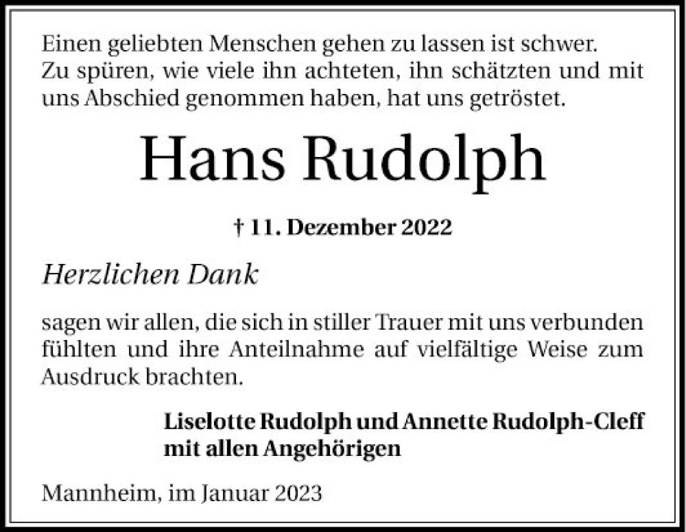  Traueranzeige für Hans Rudolph vom 07.01.2023 aus Mannheimer Morgen