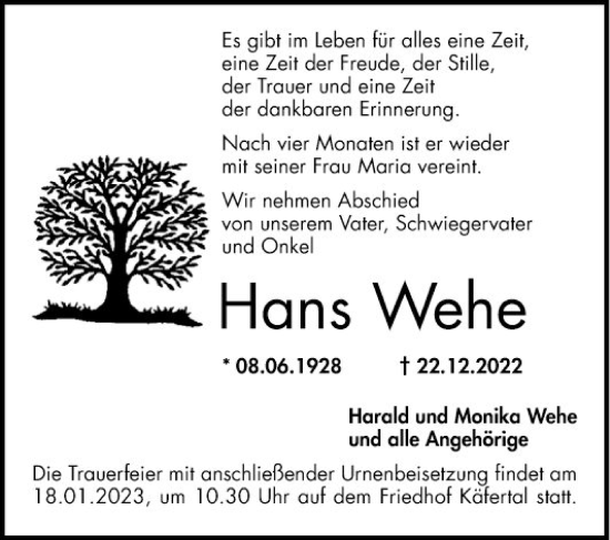 Traueranzeige von Hans Wehe von Mannheimer Morgen