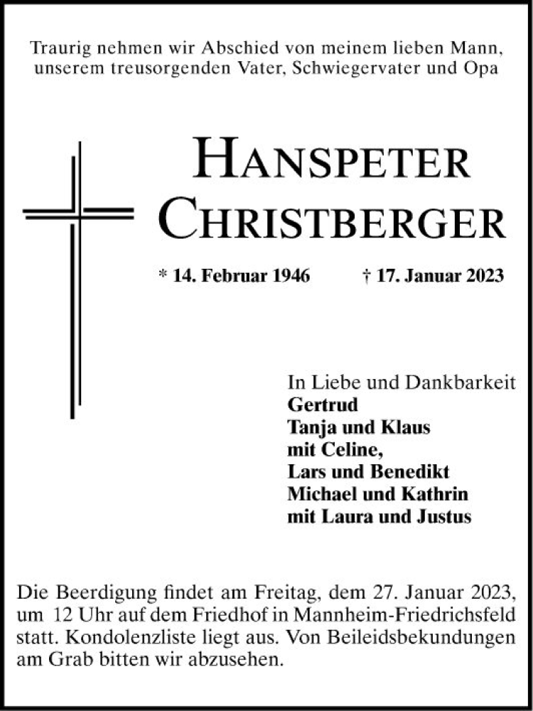  Traueranzeige für Hanspeter Christberger vom 24.01.2023 aus Mannheimer Morgen