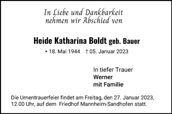 Traueranzeige von Heide Katharina Boldt von Mannheimer Morgen