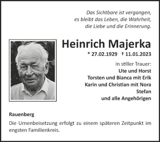 Traueranzeige von Heinrich Majerka von Fränkische Nachrichten