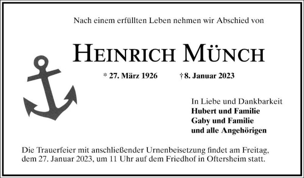  Traueranzeige für Heinrich Münch vom 21.01.2023 aus Schwetzinger Zeitung