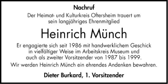 Traueranzeige von Heinrich Münch von Schwetzinger Zeitung