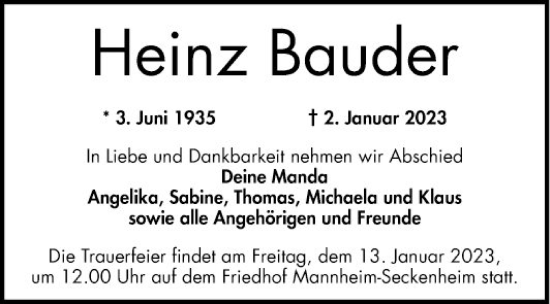 Traueranzeige von Heinz Bauder von Mannheimer Morgen