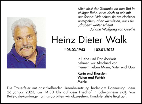 Traueranzeige von Heinz Dieter Walk von Bergsträßer Anzeiger