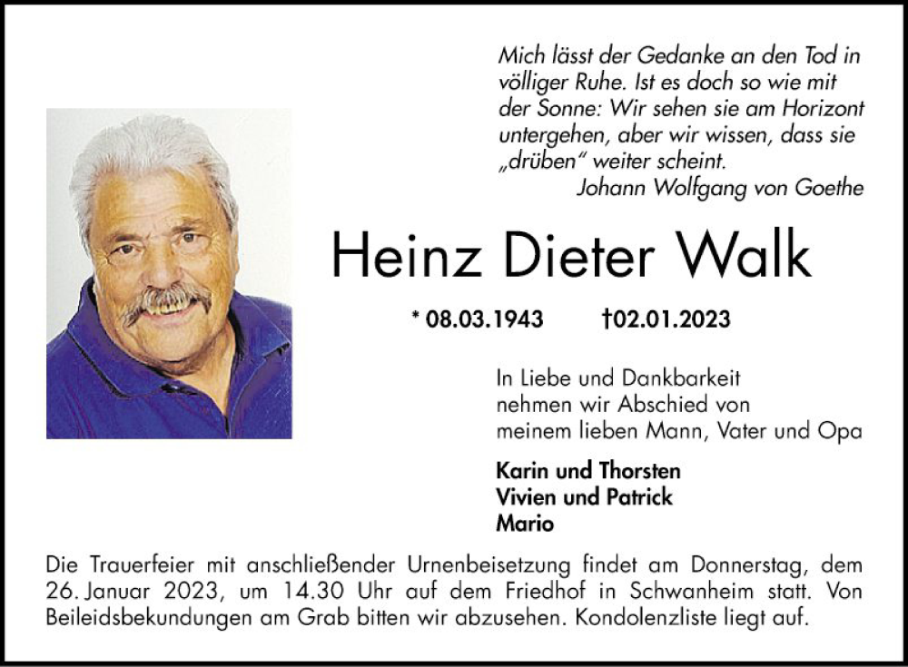  Traueranzeige für Heinz Dieter Walk vom 24.01.2023 aus Bergsträßer Anzeiger