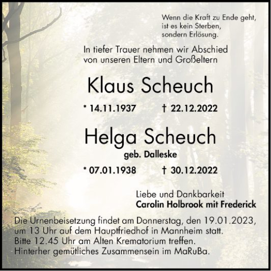 Traueranzeige von Helga Scheuch von Mannheimer Morgen