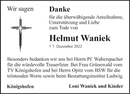 Traueranzeige von Helmut Waniek von Fränkische Nachrichten