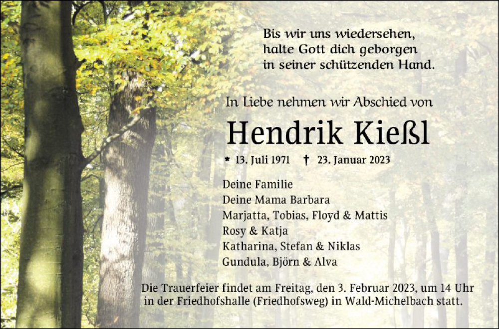  Traueranzeige für Hendrik Kießl vom 01.02.2023 aus Mannheimer Morgen