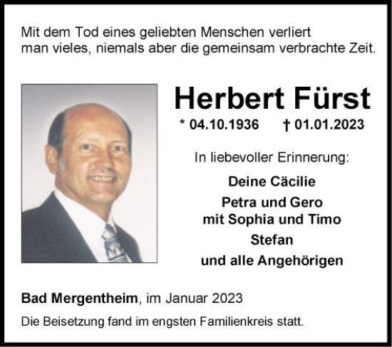 Traueranzeige von Herbert Fürst von Fränkische Nachrichten