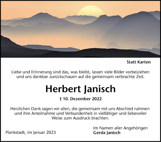 Traueranzeige von Herbert Janisch von Schwetzinger Zeitung