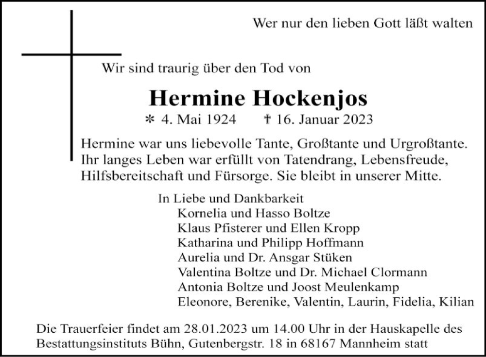  Traueranzeige für Hermine Hockenjos vom 21.01.2023 aus Mannheimer Morgen
