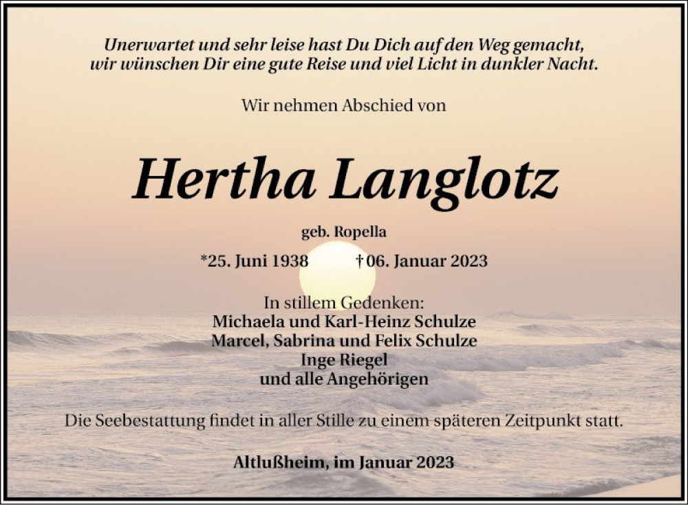  Traueranzeige für Hertha Langlotz vom 28.01.2023 aus Schwetzinger Zeitung
