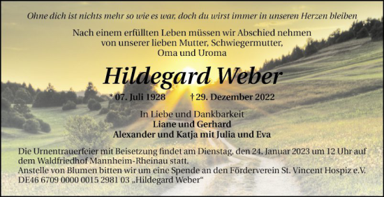 Traueranzeige von Hildegard Weber von Mannheimer Morgen