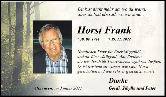 Traueranzeige von Horst Frank von Fränkische Nachrichten