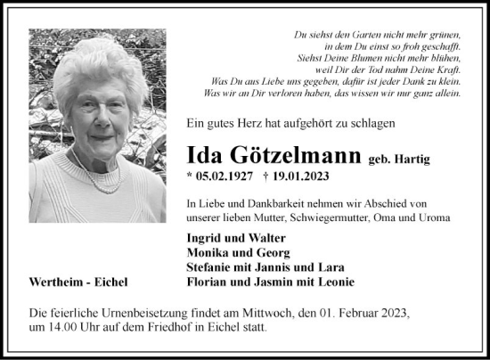 Traueranzeige von Ida Götzelmann von Fränkische Nachrichten