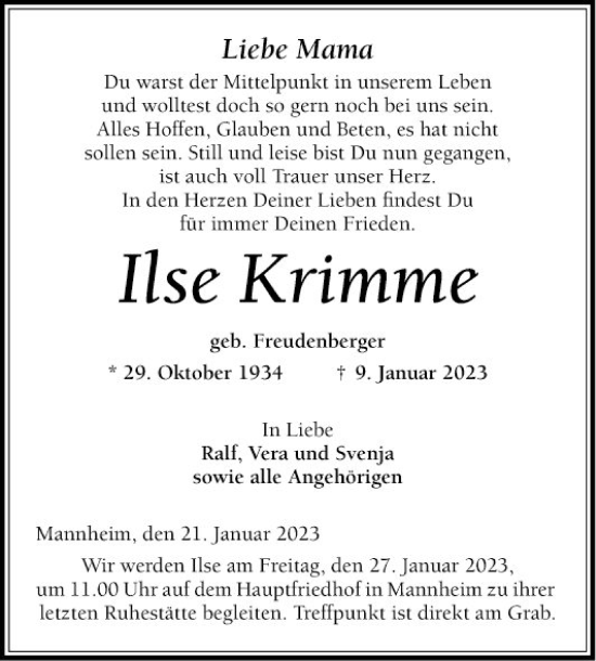 Traueranzeige von Ilse Krimme von Mannheimer Morgen