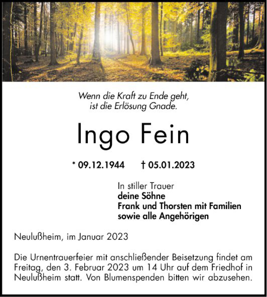  Traueranzeige für Ingo Fein vom 28.01.2023 aus Schwetzinger Zeitung
