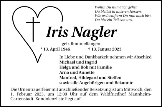 Traueranzeige von Iris Nagler von Mannheimer Morgen