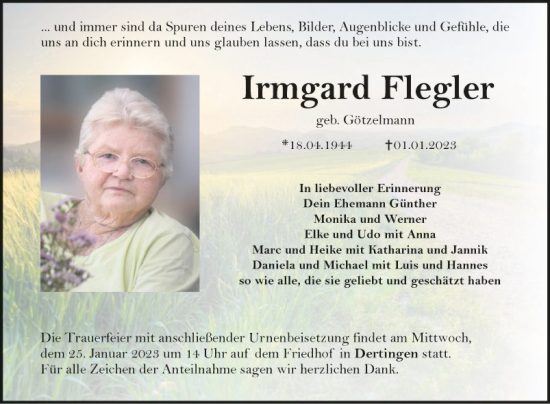 Traueranzeige von Irmgard Flegler von Fränkische Nachrichten