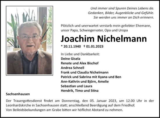 Traueranzeige von Joachim Nichelmann von Fränkische Nachrichten