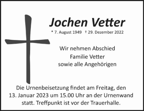 Traueranzeige von Jochen Vetter von Schwetzinger Zeitung