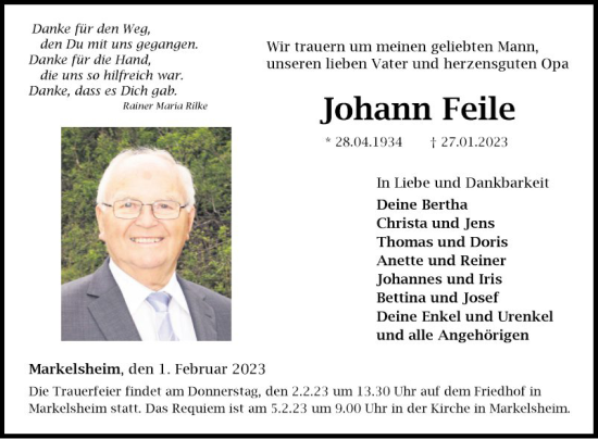 Traueranzeige von Johann Feile von Fränkische Nachrichten